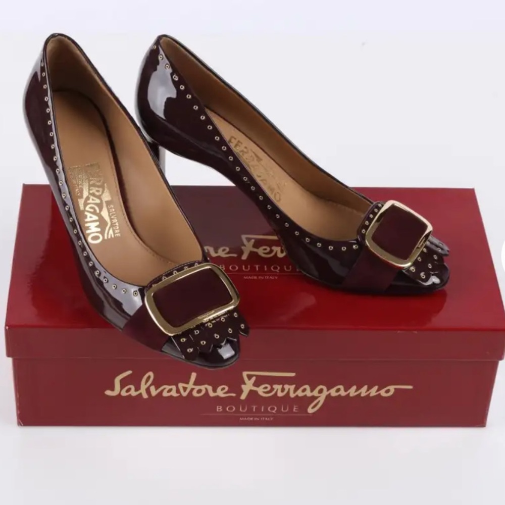 Salvatore Ferragamo burgundy patent leather pumps